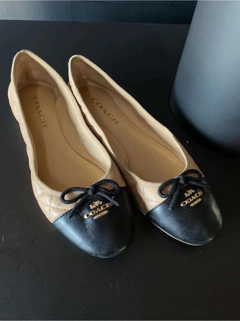 Coach Quilted Beige Leather Ballet Flats with Black Cap Toe